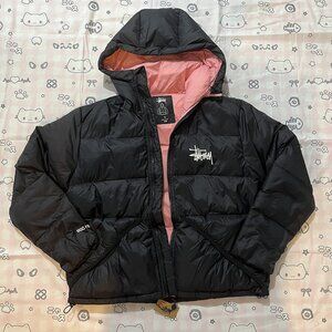 Black And Pink Contrast Hooded Down Jacket Stussy